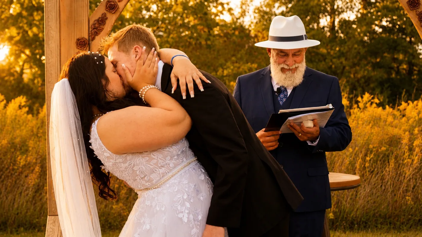 Outdoor wedding ceremony at golden hour