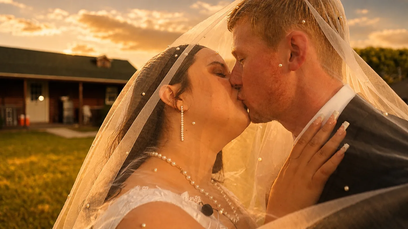Wedding couple sharing a kiss at sunset